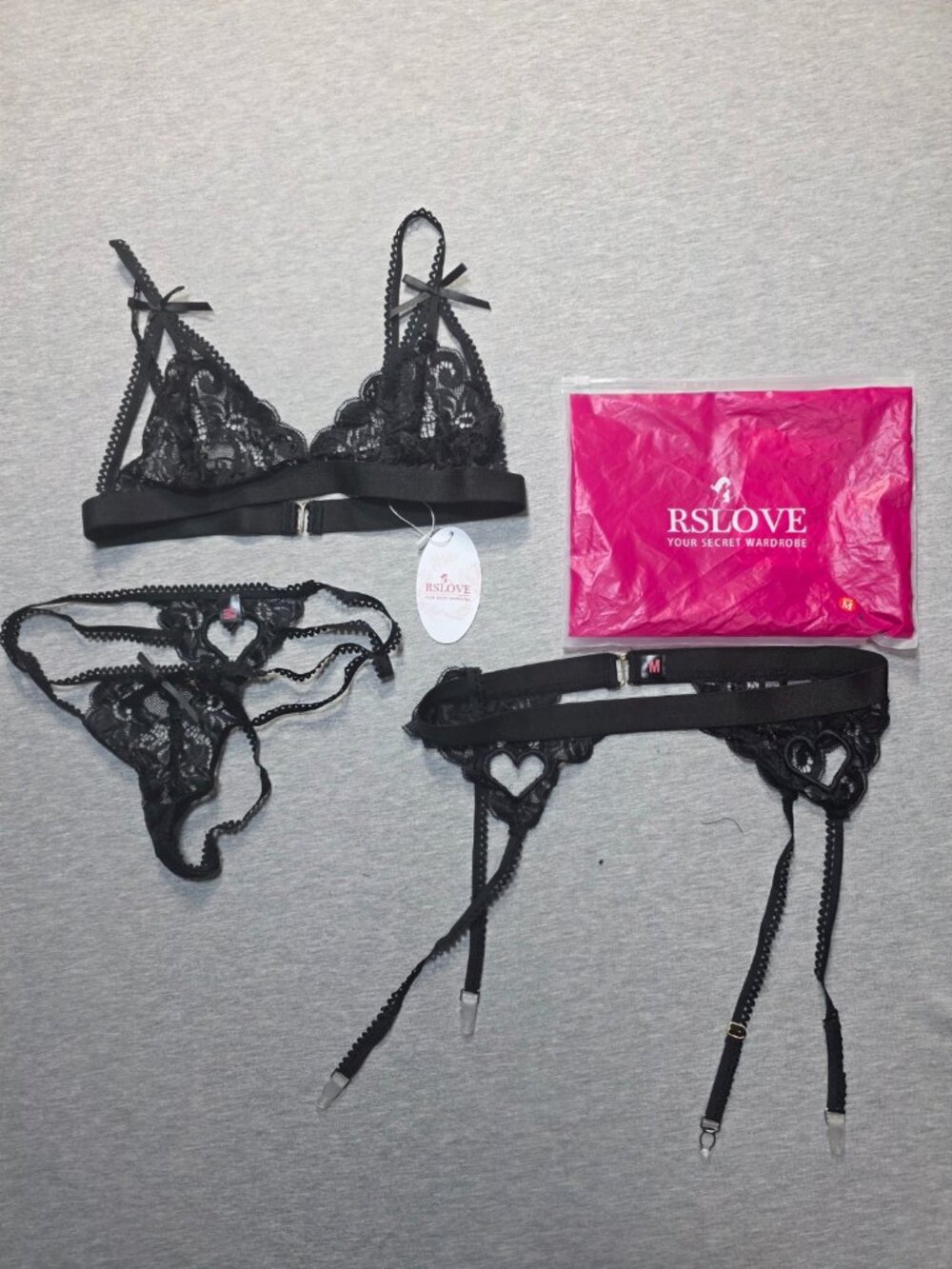 NWT RSLOVE Black Lace 3 Piece Lingerie Set Bra Thong Garter Belt Size Medium